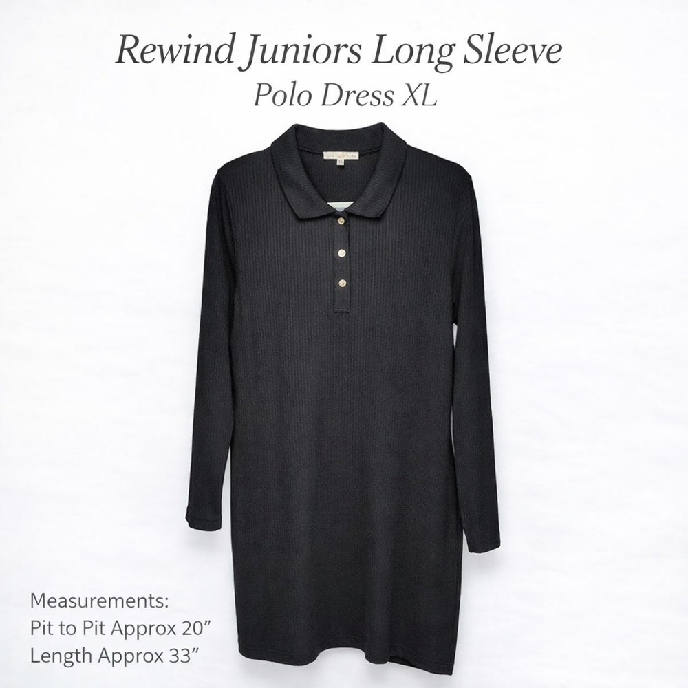 Rewind Juniors Black Ribbed Polo Dress XXL Long Sleeve Mini Sweater Dress NWT - Picture 1 of 11